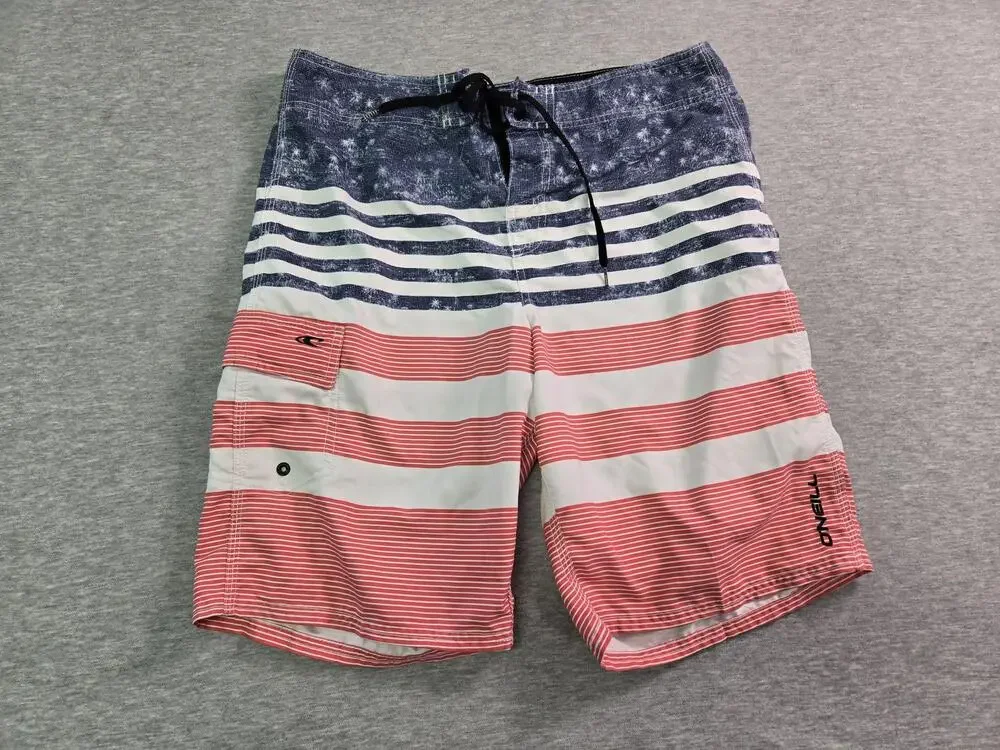 O'Neill Shorts Mens 33 Red White Blue Striped Board Swim Trunks Drawstring